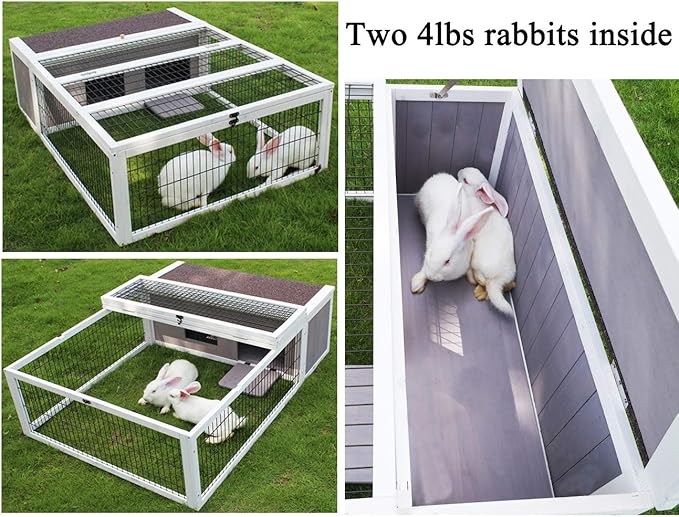 Tortoise House Habitat Wooden, Chicken Coop with Run Rabbit Hutch Small Animal Hutch Enclosure Indoor/Outdoor-Grey + White Trim