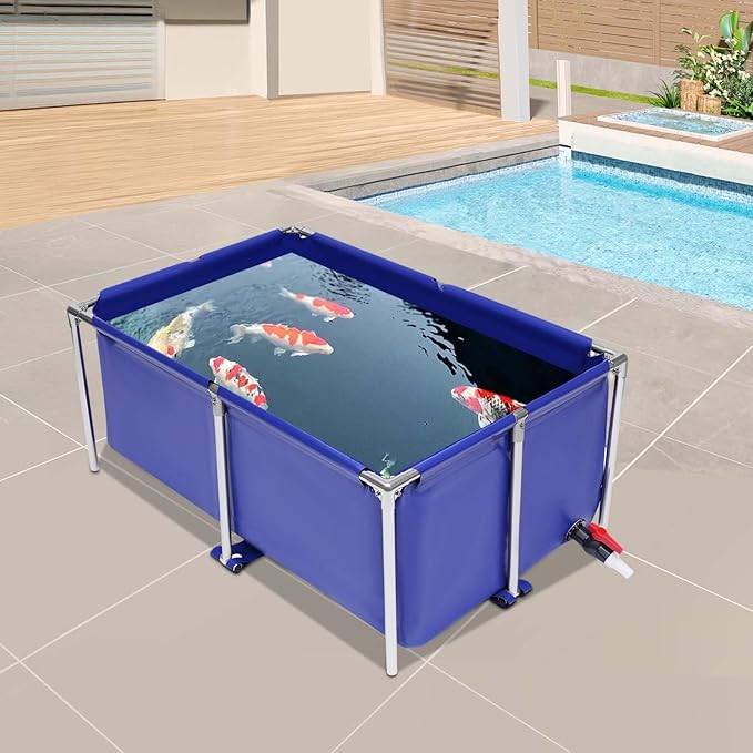 Canvas Fish Pond Cuboid Above Ground Fish Pond Foldable Temporary Fish Tank with Drain Valve, Portable Indoor Outdoor Koi Breeding Pond Aquarium Water Tank