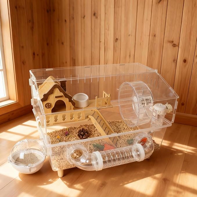 Clear Acrylic Hamster Cage, Dwarf Hamster Cage, Mouse Cage, Gerbil Cage - All-in-One Hamster Habitat with 18cm Silent Wheel, Tubes & Full Kit, 17.7×11.8×13" for Dwarf Hamsters, Mice, Gerbils