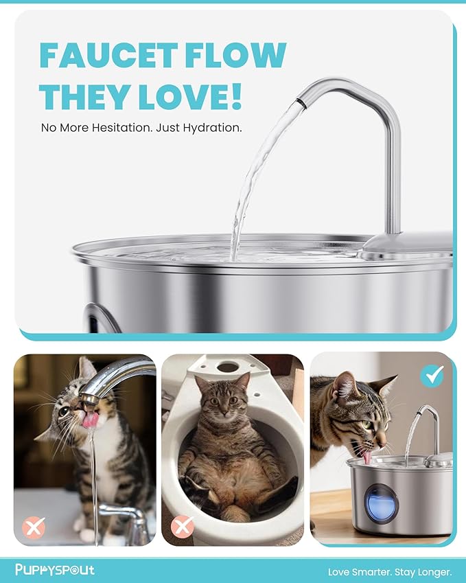 Cat Water Fountain Stainless Steel - 108oz/3.2L Automatic Cat Water Fountain for Drinking with 3 Pcs Filters, Metal Pet Water Fountain Water Dispenser for Cats, Puppy Dogs, Multiple Pets