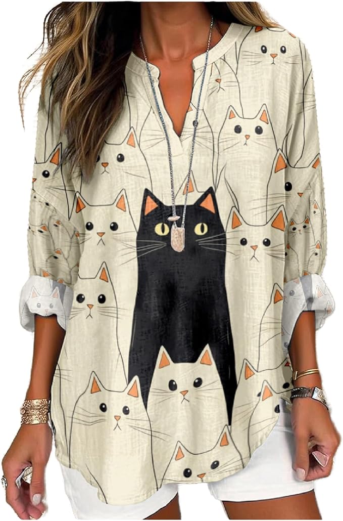 MARSVOVO Cat Shirts for Women Long Sleeve Cute Cat Pullover Graphic Novelty V Neck Blouse Oversized Funny Tunic Tops