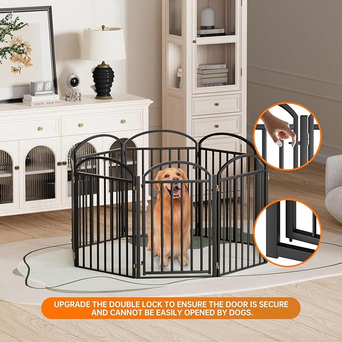 8 Panels Full Matel Freestanding Dog Gates with Door, 192"Extra Wide 32"Tall Free Standing Dog Pet Gate for Indoor & Outdoor. Foldable Pet Fences for Doorways, House, Stairs, Porch, Deck, Yard