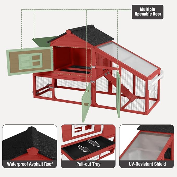 Chicken Coop with Wheels, Mobile Outdoor Chicken House with Leakproof Pull-on Tray, Nesting Box, Waterproof Roof - Red