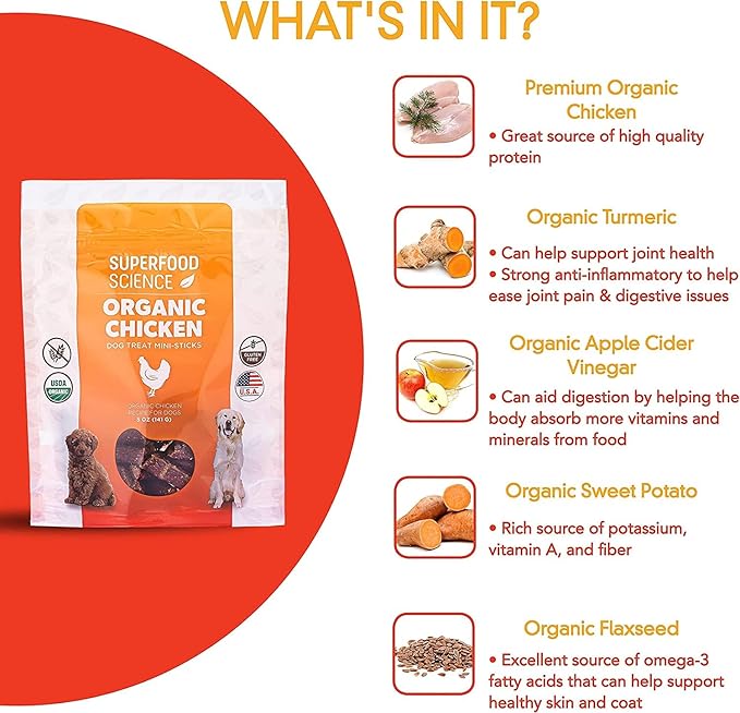 Organic Chicken Dog Treats, Low-Calorie Training Treats, Grain-Free, Semi-Soft Natural Jerky with Sweet Potato, Turmeric & Flaxseed, Healthy Dog Snacks for Puppies & Small, Medium & Large Dogs, 5 oz