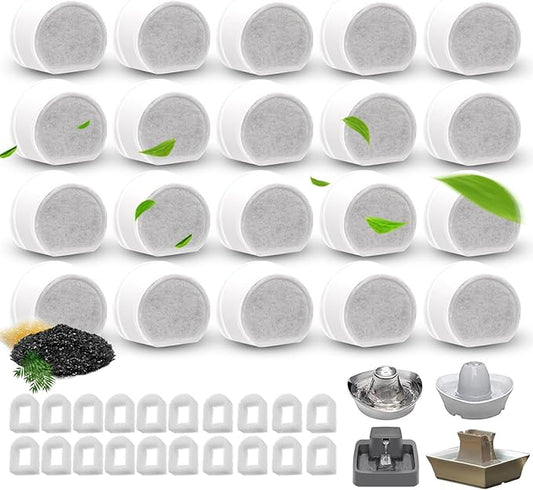 24/40 Pcs Replacement Carbon Charcoal Filters Dog and Cat Water Fountain Compatible with Multiple Pet Fountains. (20 Carbon Filters+ 20 Sponges)