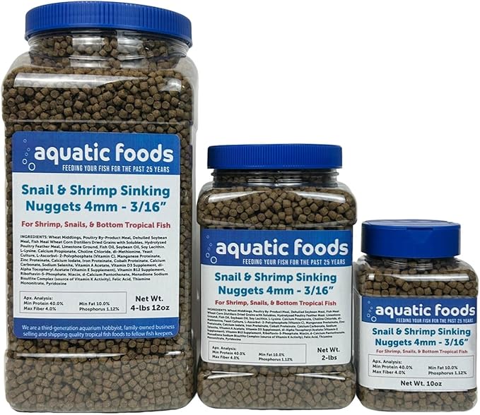 Aquatic Foods Inc. Snail & Shrimp 4mm-3/16 Sinking 40% Protein Nuggets for Snails, Shrimp, Axolotl, Salamanders, All Bottom Tropical Fish...10oz Jar