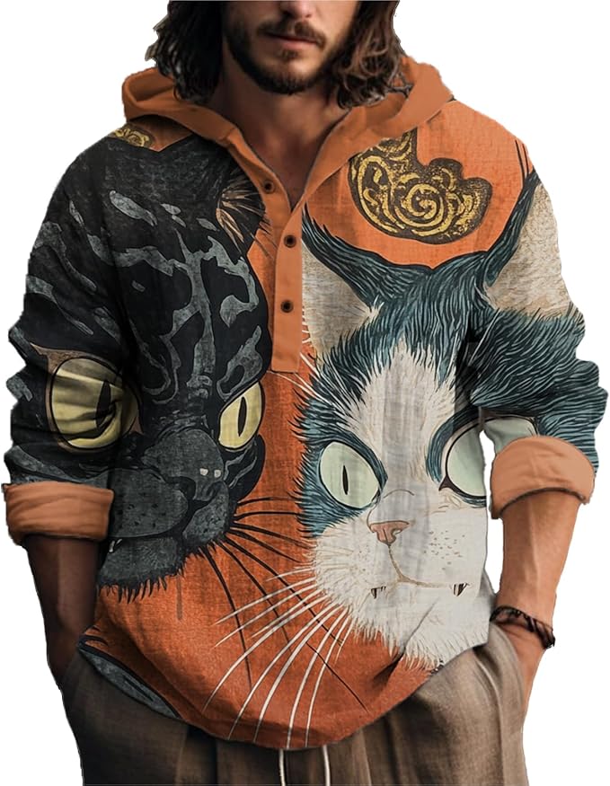 MARSVOVO Japanese Art Animal Hooded Shirt for Men Long Sleeve Quarter Button Lightweight Hoodie Cool Streetwear Tops