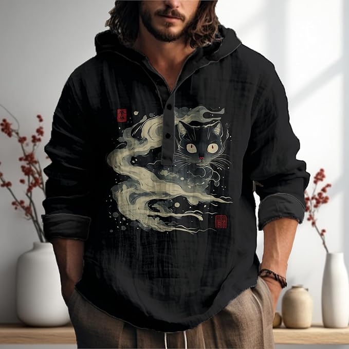 MARSVOVO Japanese Art Animal Hooded Shirt for Men Long Sleeve Quarter Button Lightweight Hoodie Cool Streetwear Tops