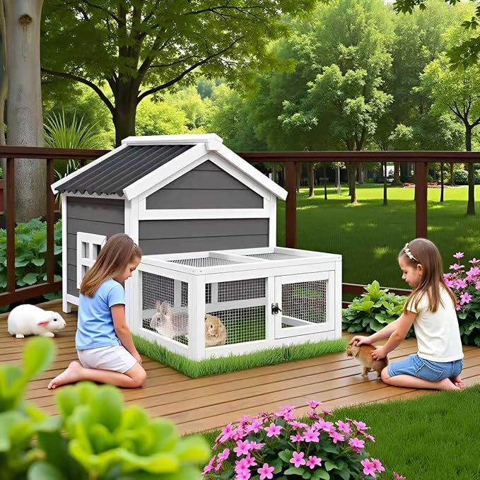 Rabbit House Outdoor, Outdoor Rabbit House, Bunny House,Rabbit Hutch.Rabbit Cage Elevated Bunny Hutch Indoor Outdoor,Chicken Coop Small Animal House (White)