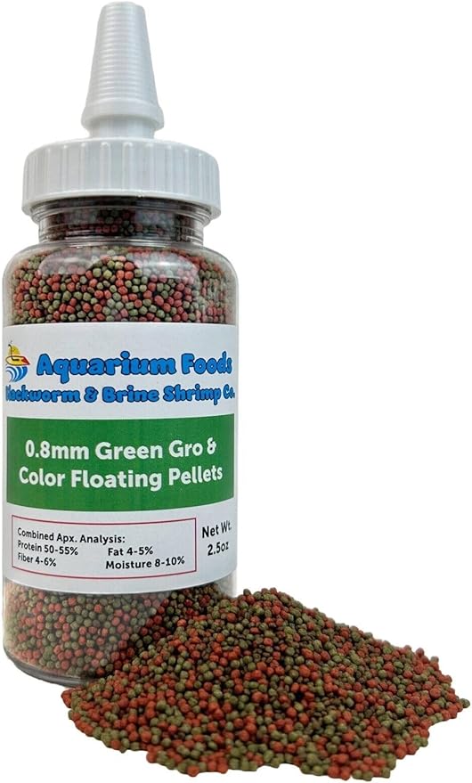 Aquatic Foods Inc. 0.8mm Micro Pellet Mix of Intense Color Enhancing & Spirulina Green GRO Floating Pellets for Guppies, Tetras, Bettas, Nano Fish, Baby Fish…2.5oz Squeeze Bottle