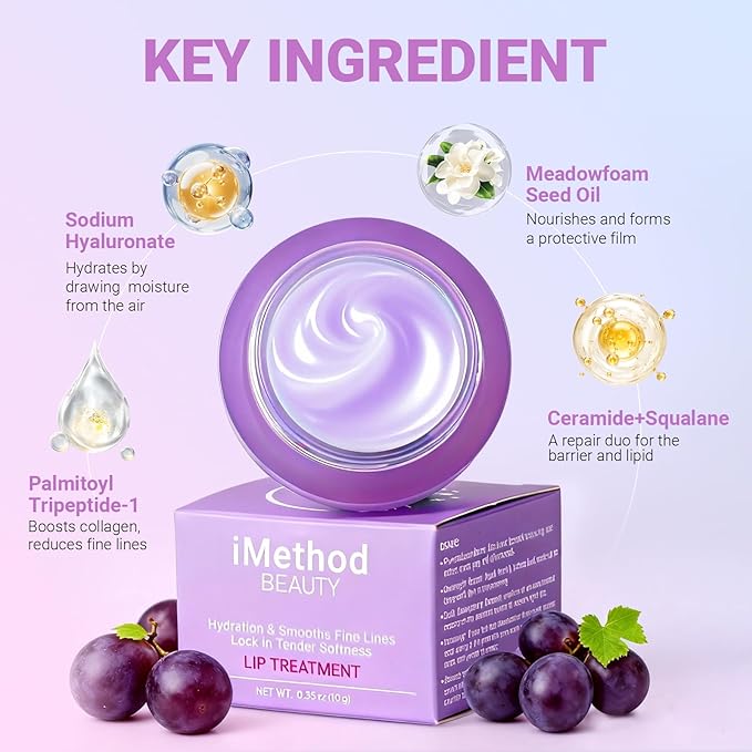 iMethod Lip Mask Overnight - Lip Sleeping Mask for Dry Lips, 8-Hour Hydrating Lip Balm with Hyaluronic Acid, Intense Moisturizing Lip Treatment to Nourish & Repair - Grape