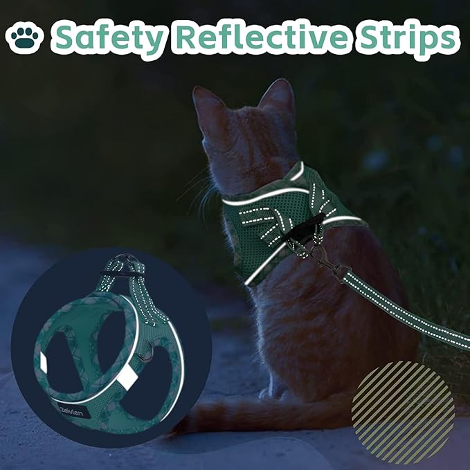 Cat Harness and Leash Set for Walking, Escape Proof Adjustable Soft Mesh Kitten Harness with Reflective Strips, Breathable No-Choke Pet Vest for Small Cats or Puppies(Green,S)