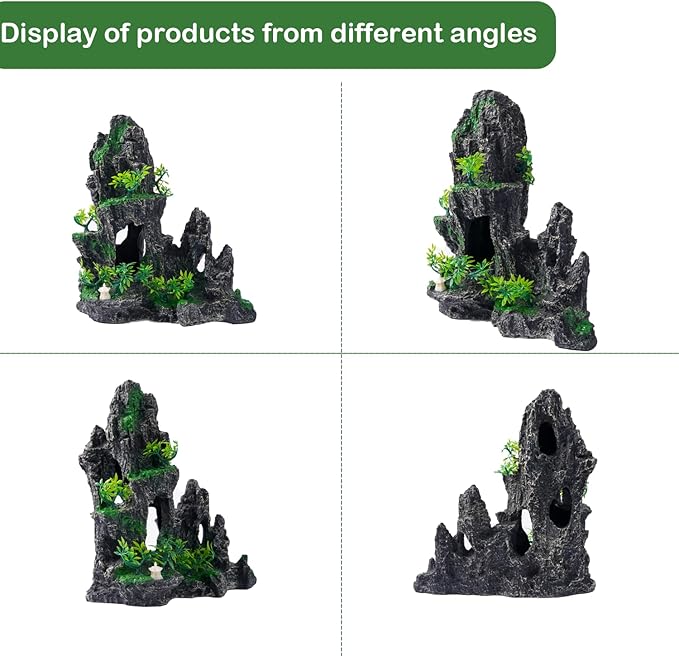 Large Fish Tank Decorations - Mountain View Aquarium Ornament with Tree House Cave Bridge,Resin, 10.24x9.45x5.12 inches, C