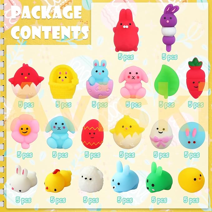 100PCS Easter Mochi Squishy Toys, Mini Kawaii Squishies Soft Fidget Toys Stress Squeeze Toys Party Bags Filler, Small Stocking Stuffers for Classroom Prizes Boys Girls Birthday Exchange Gifts