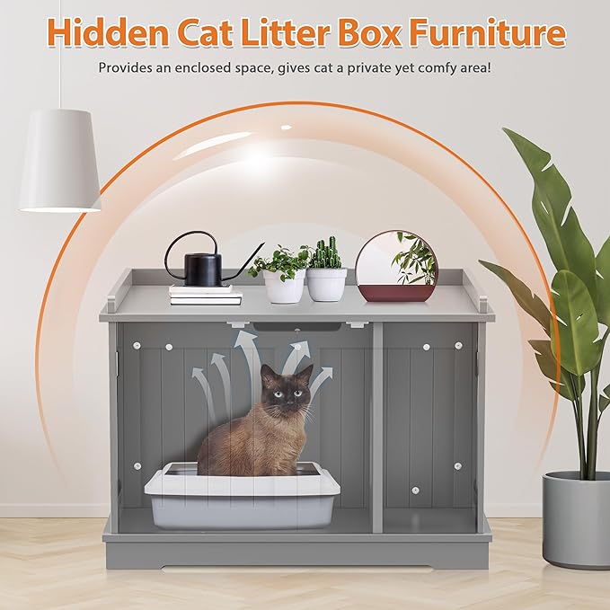 Cat Litter Box Enclosure Furniture Wooden w/Adjustable Divider, Indoor Cat House Storage Cabinet,End Table,for Large Cats, Grey
