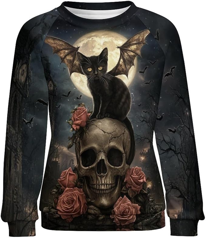 Halloween Sweatshirts for Women Black Cat Print Pullover Crewneck Oversized 2024 Fall Fashion Casual Warm Shirt
