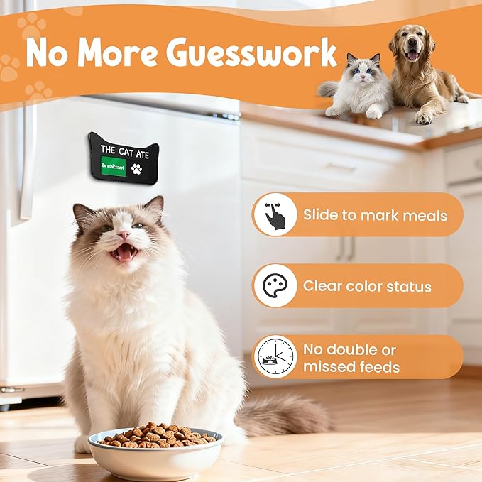 Cat Feeding Reminder Supplies with Magnet, Pet Meal Tracker with The Cat Ate, Acrylic Unique Ear Shape 2 Area Feed Sign with Breakfast and Dinner, Beech with 2 Stickers, 4.7" x 3", 1 Pack