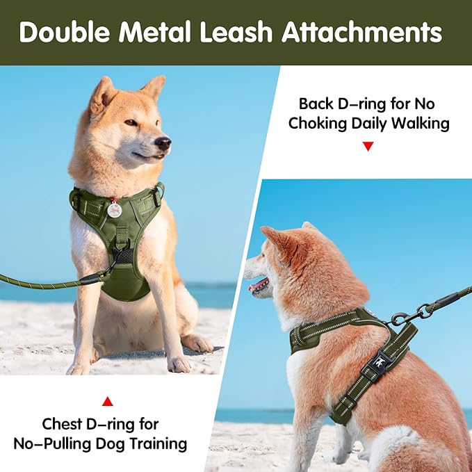 PoyPet No Pull Dog Harness and 5 Feet Leash Set, Release on Neck Reflective Adjustable Pet Vest, Front & Back 2 D-Ring and Soft Padded Pet Harness with Handle for Small to Large Dogs(Military Green,M)