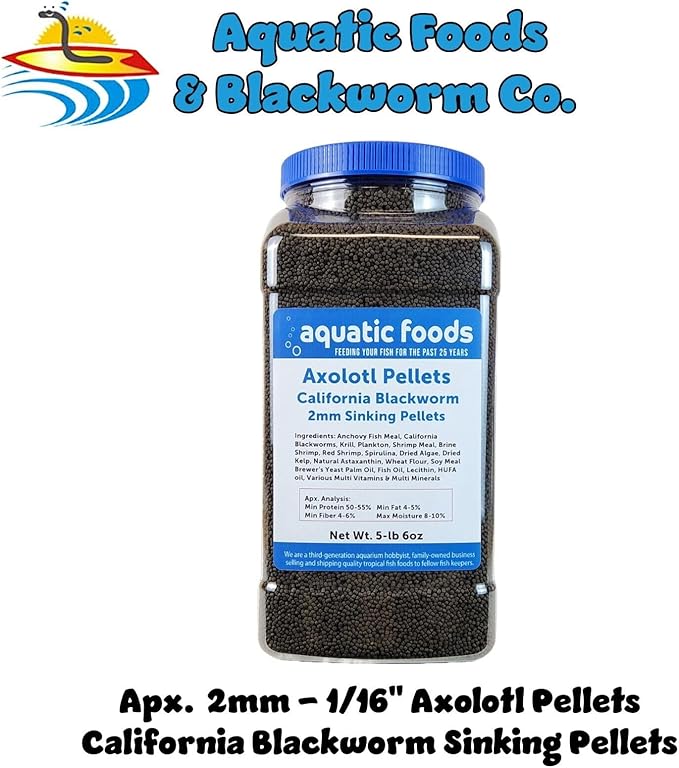Aquatic Foods Inc. Axolotl Blackworm Pellets. 2mm-1/16 Sinking California Blackworm Small Pellets for Small Axolotl, Frogs, Shrimp, Salamanders, Newts, Snails…5-lbs 6oz Jar