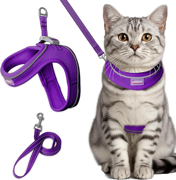 Cat Harness and Leash Set,Escape Proof Kitten Harness,Step in Adjustable Soft Lightweight,Easy Control,Reflective Strips Comfortable for Walking Travel(Purple,S)
