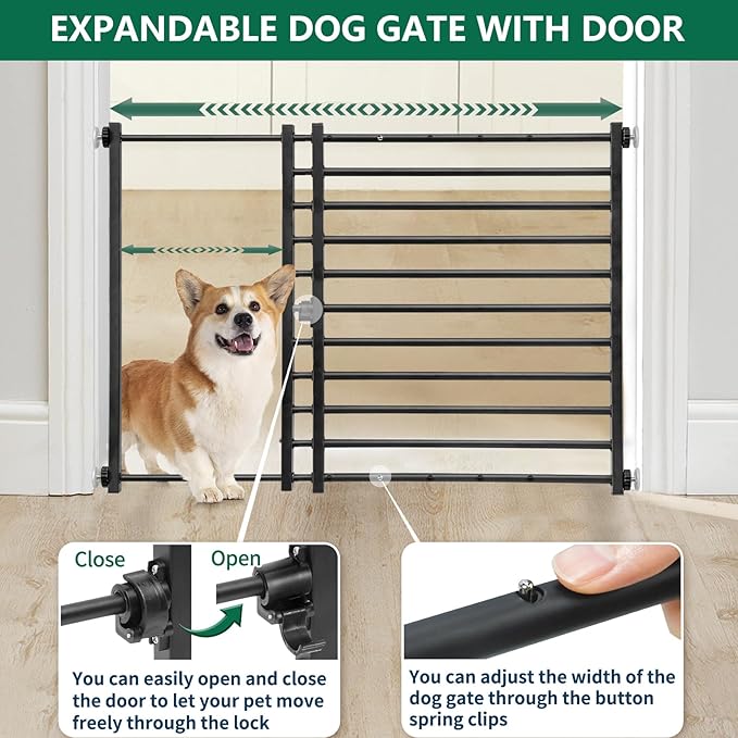 Malier Indoor Dog Gate with Door, 26-41" Extra Wide Full Metal Pet Gate Short Dog Gate for Stairs, Pressure Mount 24'' Tall Small Puppy Gate, Easy Step Over Low Gate for Doorways