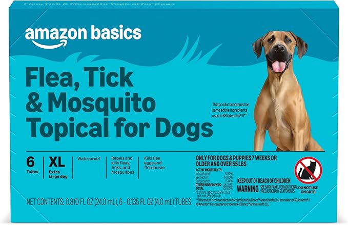 Amazon Basics PreventativeFlea, Tick & Mosquito Topical Treatment for X-Large Dogs (Over 55 pounds), 6 Count, Packaging May Vary