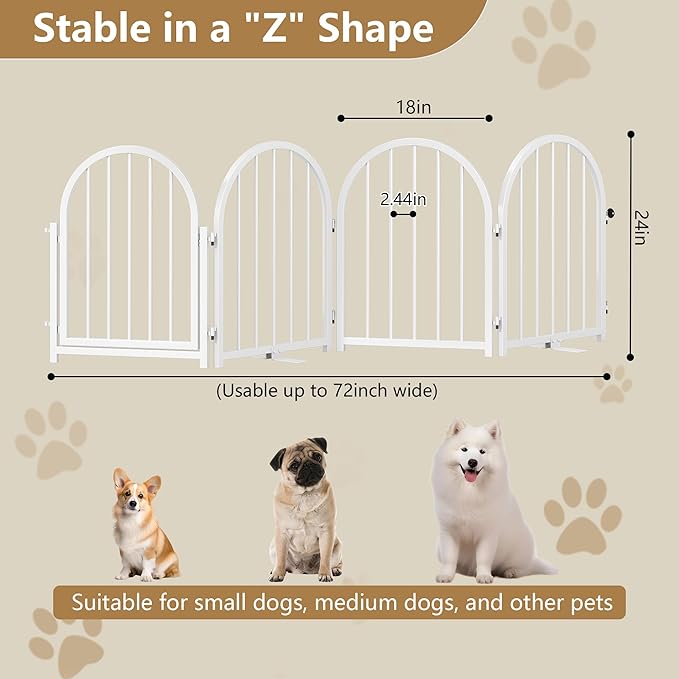 Full Metal Dog Gate with Door for Indoor Outdoor, 24" Tall Free Standing Pet Dog Fence, 72" Extra Wide Pet Gates for Stairs, Hallways, Doorways, Kitchen, Decks, Yards (White, 4 Panels)
