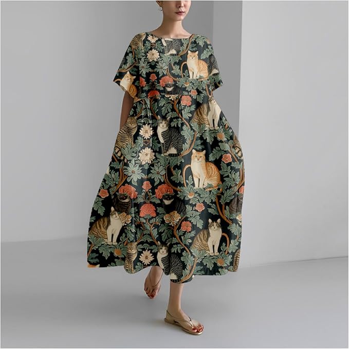 MARSVOVO Summer Dress for Women Funny Cat Graphic Cute Short Sleeve Maxi Dress Causal Plus Size Party Dress for Women