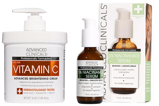 Advanced Clinicals Brightening Vitamin C Cream + 5% Niacinamide Serum W/Hyaluronic Acid 2pc Set | Vitamin C Body Lotion Moisturizer & Dark Spot Remover Face Serum | Skin Care Products, 2pc Bundle