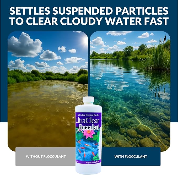 Flocculant 32oz – Fast-Acting Pond Water Chemical Clarifier – Binds Fine Particles, Clears Cloudy Water – Safe for Fish & Plants When Used as Directed