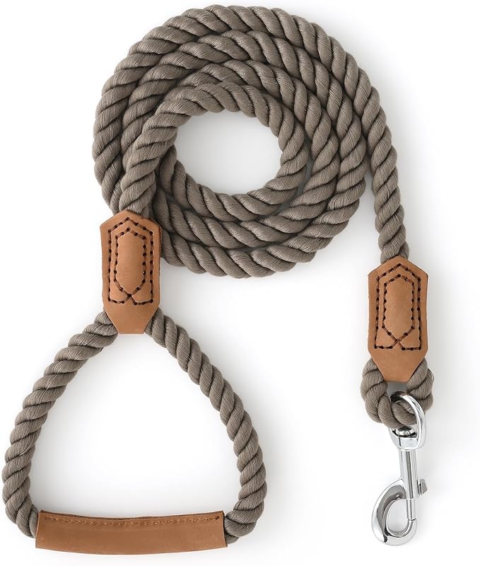Mile High Life Dog Leash, Braided Cotton Rope Leashes with Leather Handle - Heavy Duty Metal Clasp, 5FT, 1/2" Thick - Wedding, Walking & Training Leash for Small Medium Large Dogs (Camel)