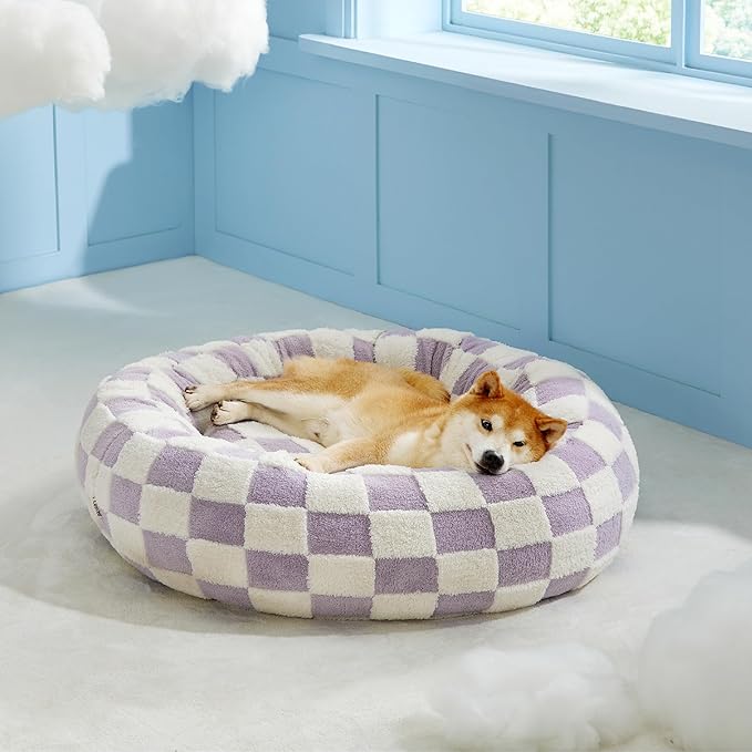 Lesure Shown on TV Donut Large Dog Bed - XL Round Cat Beds Indoor Anti-Anxiety Calming Christmas Bed Present for Pets, Washable Cute Bed with Jacquard Shaggy Plush & Anti Slip Bottom, 36 Inch, Purple