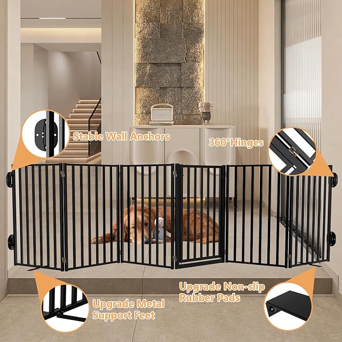 Full Metal Freestanding Dog Gates with Door, 32" Height Dog Fences for Indoor & Outdoor, Extra Wide Foldable Pet Gates for Stairs, Hallways, Doorways, Yard (6 Panels, 120" W × 32" H)