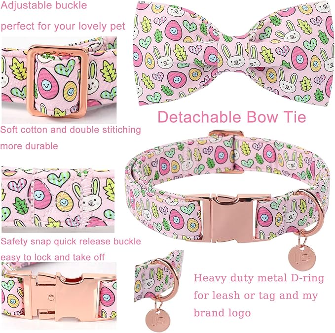 Easter Bunny Dog Collar with Bowtie,Cotton Easter Eggs Bowtie Collar for Puppy Girl Boy Dogs,Cute Bunny Pet Collars with Metal Buckle,Gift Dog Collars, XS, Neck 8-12in