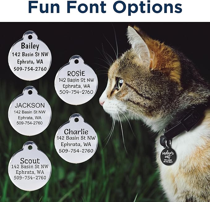 GoTags Personalized Small Indoor Cat Tag - Engraved with 4 Lines of Custom ID - Rose Gold Stainless Steel Round Pet ID Tag