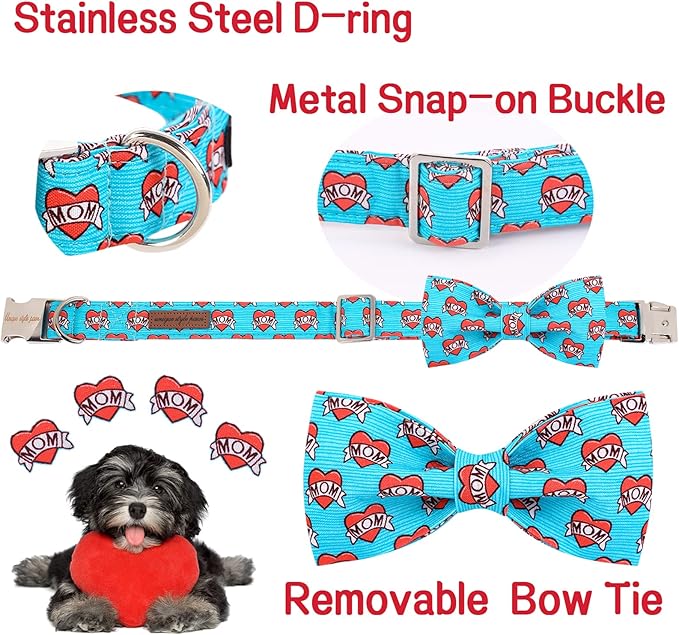 Unique style paws Valentine's Day Dog Collar with Bow Tie Blue Heart Puppy Collar Best Gift for Small Medium Large Boys Girls-M