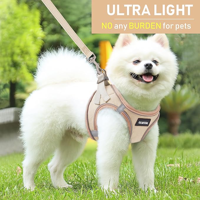 GAMUDA Small Pet Harness Collar and Leash Set, Step in No Chock No Pull Linen Fabric Soft Mesh Dog Vest Harnesses Reflective for Dogs Puppy Cats Kitten Rabbit (Khaki, L)
