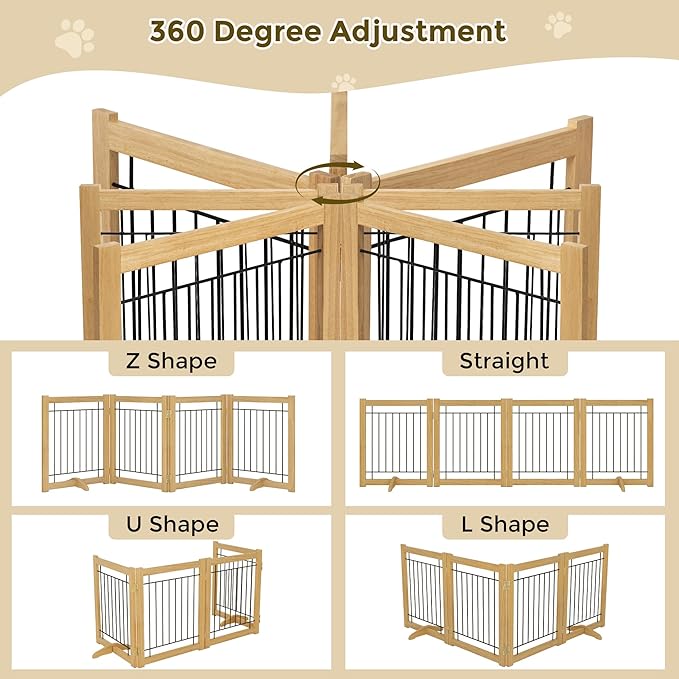 Wire Dog Gate Solid Wood Frame, Anti-Chewing, 4-Panel, 24" Height, 80" Width, Indoor Freestanding Pet Gate Foldable Wooden Dog Fences for Stairs, House, Doorway, Oak Color