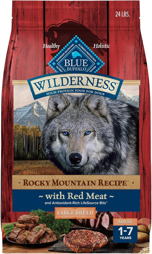 Blue Buffalo Wilderness Rocky Mountain Recipe High-Protein Large Breed Adult Dry Dog Food, Made in The USA with Natural Ingredients Plus Wholesome Grains, Red Meat, 24-lb. Bag