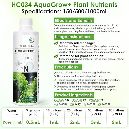 HC034 Aquarium Plant Liquid Fertilizer - Advanced Macro Nutrient Solution for Freshwater Planted Tanks, Promotes Root & Leaf Growth, 150ml/500ml/1000ml (1000mL)