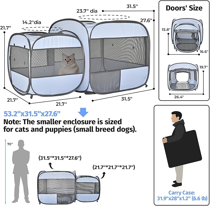 Pop up Portable Cat Playpen 2-in-1 Dog Playpen, No Assembly Need, Pet Cat Dog Tent Crates Kennel Cage, Cats Enclosure for Kitten and Puppy Indoor Outdoor Use(No Divider, Unified Space)