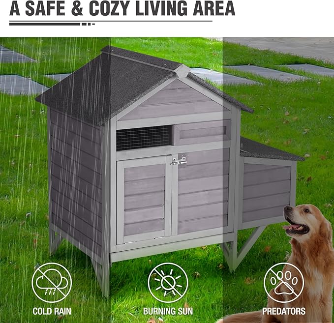 Chicken Coop with Nesting Box, Wooden Chicken House Outdoor with Leakproof Pull Out Metal Tray, Small Chicken Coops with Weatherproof Roof for 3 Chickens