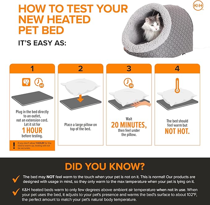 K&H Pet Products Heated Cat Bed - Thermo-Pet Cave for Large Cats, Indoor Heated Pet Bed for Dogs & Cats, Covered Cave Pet Tent, Collapsible, Machine Washable, Safety Listed - 17 X 15 X 13in Gray