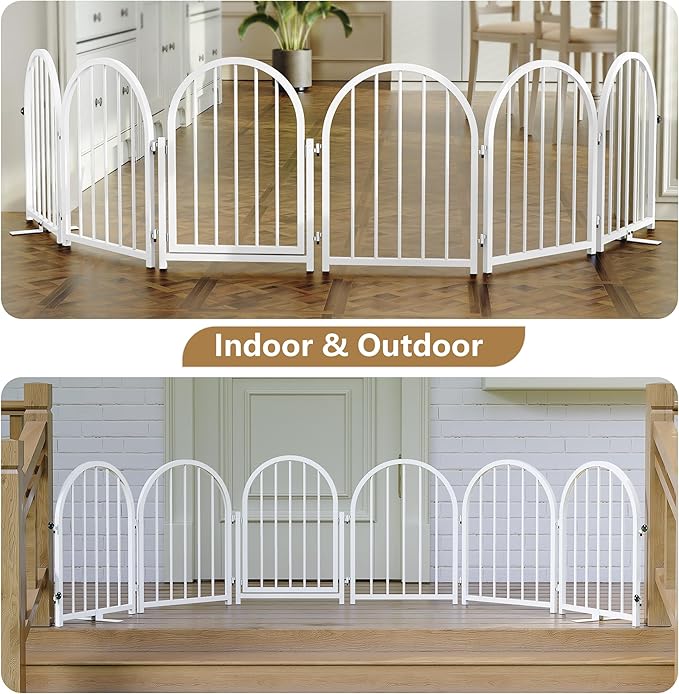 Full Metal Dog Gate with Door for Indoor Outdoor, 24" Tall Free Standing Pet Dog Fence, 108" Extra Wide Pet Gates for Stairs, Hallways, Doorways, Kitchen, Decks, Yards (White, 6 Panels)
