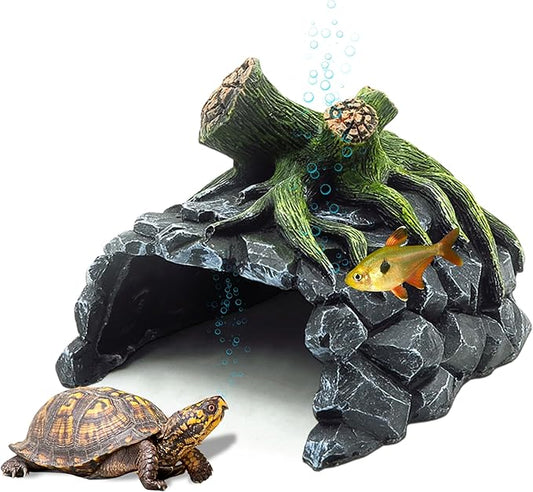 Aquarium Decor, Betta Fish Tank Accessories with Plants, Turtle Tank Decorations, Large Aquarium Ornaments, Fish Hideout, Decorative Accessories for Freshwater & Saltwater Tanks (Tree cave)
