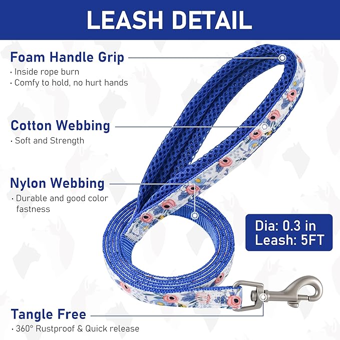 GAMUDA Small Dog Harness Collar and Leash Set, Step in No Chock No Pull Soft Mesh Adjustable Dog Vest Harnesses Plaid Reflective for Dogs Puppy Cats Kitten Rabbit (Blue Flower, XL)