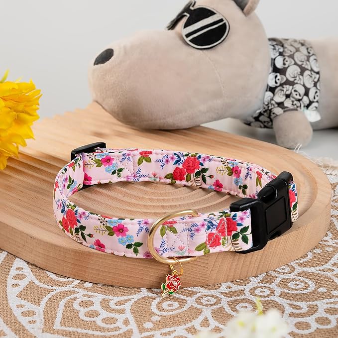 Cute Rose Dog Collar for Small Medium Large Dogs Special Design Cute Pink Rose Dog Collar for Girl Female Dogs Soft Adjustable Rose Puppy Collars for Girl Female Dogs M