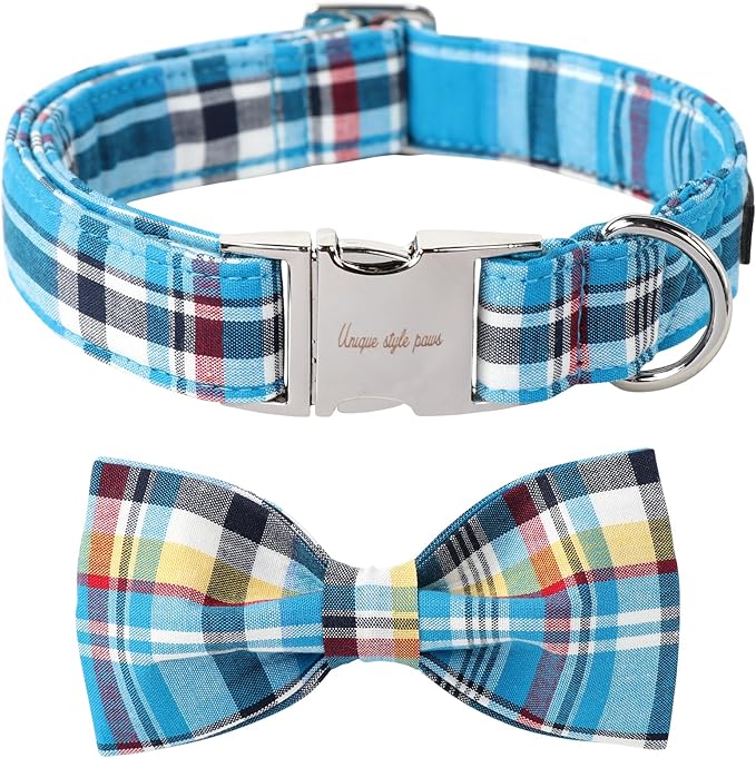 Unique style paws Plaid Dog Collar with Bow Pet Gift Adjustable Soft and Comfy Bowtie Collars for Small Medium Large Dogs (XL)