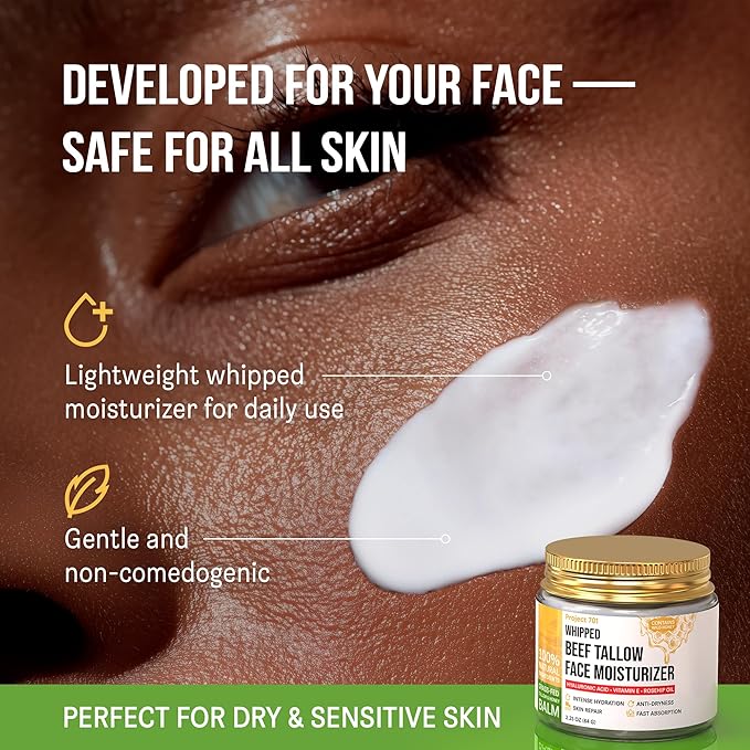 Beef Tallow for Face and Skin - Grass Fed Tallow and Honey Balm, Face Moisturizer with Liposomal Hyaluronic Acid - Day and Night Cream for Dry Sensitive Skin, Glass Jar 2.25 oz