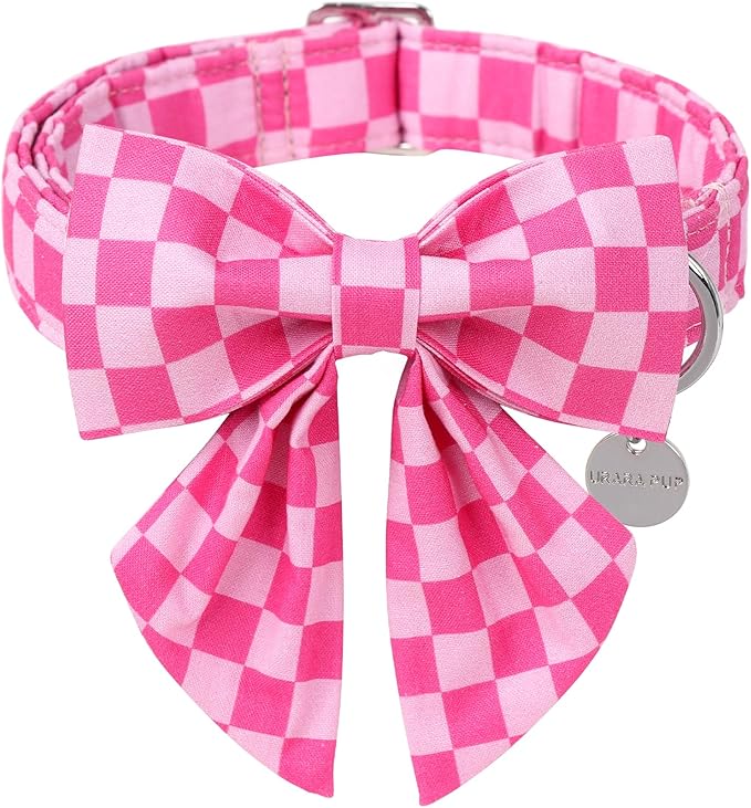 Dog Collar with Bow Tie,UP URARA PUP Pink Plaid Bowtie Dog Collar, Summer Bowtie Collar for Puppy Boy Girl Dog, Comfortable Cotton Dog Collar with Metal Buckle,S,Neck 10-16in, PinkPlaid CS